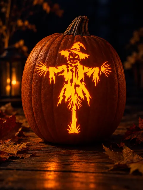 Scarecrow design carved into a pumpkin and lit with a candle