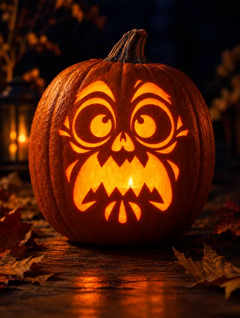 Screaming Face design carved into a pumpkin and lit with a candle