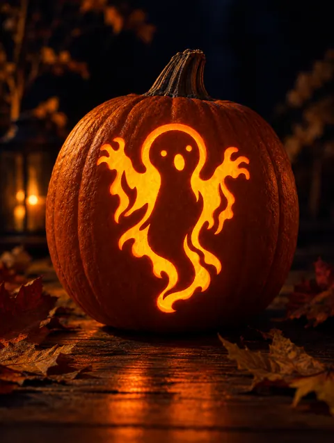 Screaming Ghost design carved into a pumpkin and lit with a candle