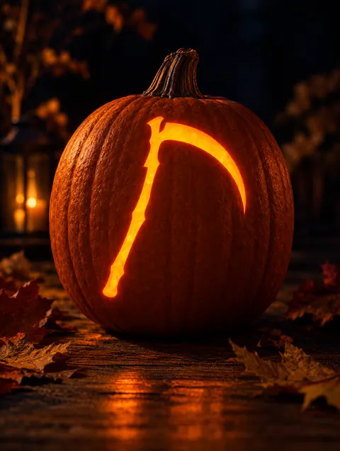 Scythe design carved into a pumpkin and lit with a candle