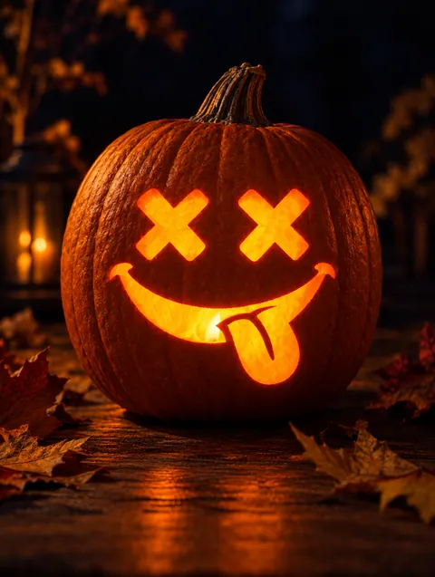 Silly Tongue Face design carved into a pumpkin and lit with a candle