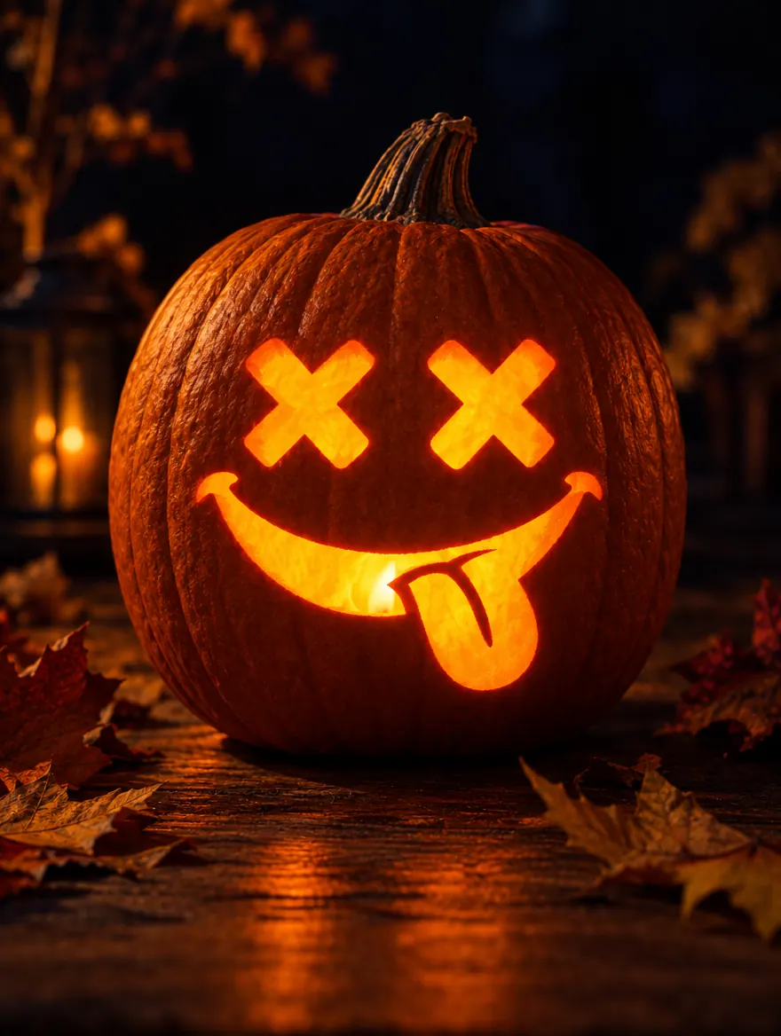 Silly Tongue Face design carved into a pumpkin and glowing with candlelight