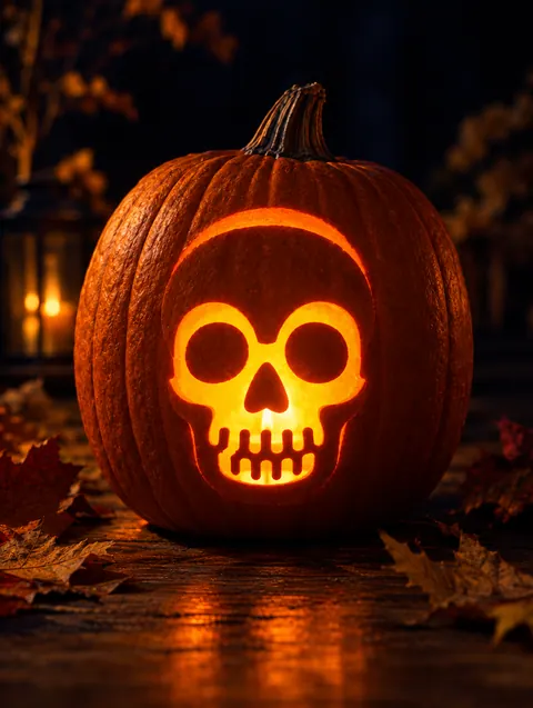 Simple Skull design carved into a pumpkin and lit with a candle