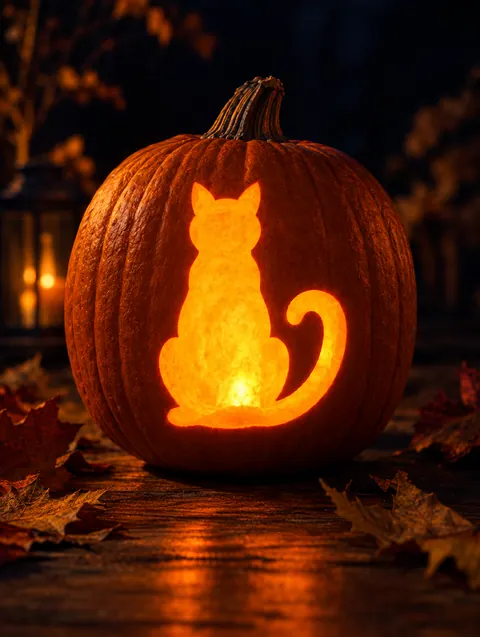 Sitting Black Cat design carved into a pumpkin and lit with a candle