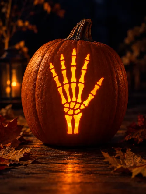 Skeleton Wave design carved into a pumpkin and lit with a candle