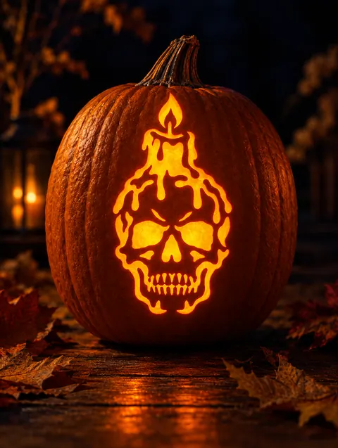Skull with Candle design carved into a pumpkin and lit with a candle