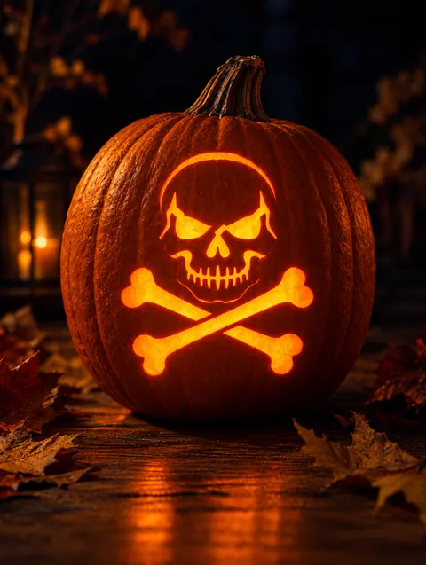 Skull and Crossbones design carved into a pumpkin and lit with a candle