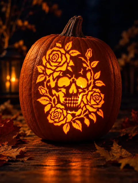 Skull with Roses design carved into a pumpkin and lit with a candle