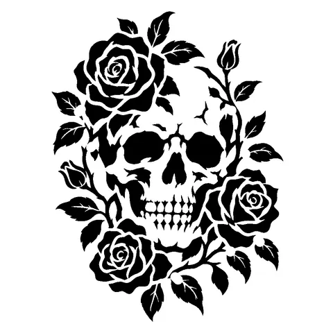 Skull with Roses pumpkin stencil, free printable skull carving template
