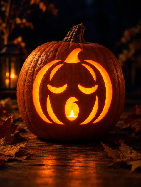 Sleepy Pumpkin Face design carved into a pumpkin and lit with a candle