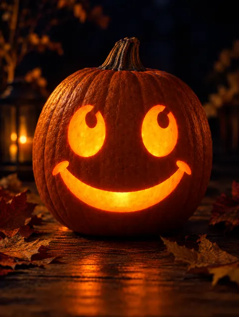 Smiley Face design carved into a pumpkin and lit with a candle