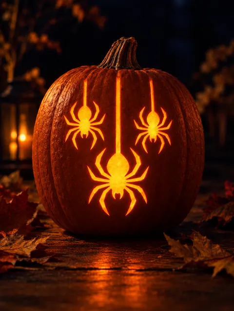 Spider Family design carved into a pumpkin and lit with a candle