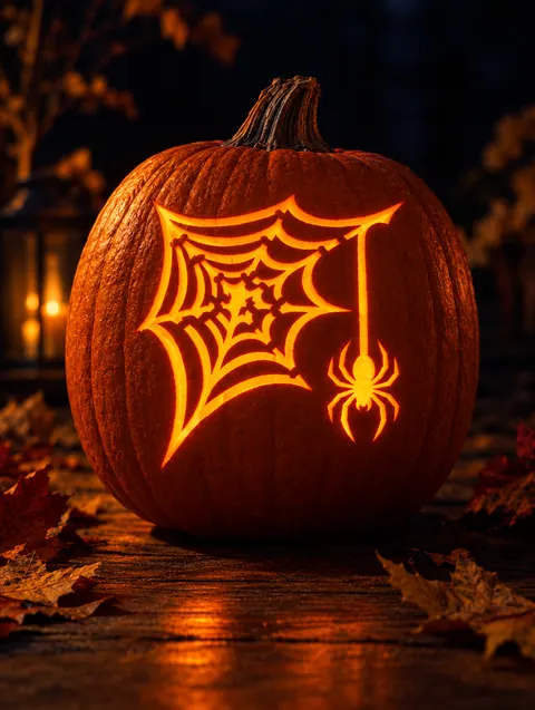 Spider Web design carved into a pumpkin and lit with a candle