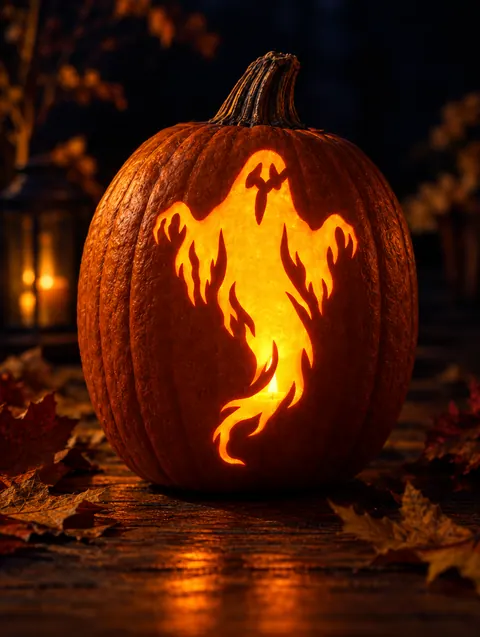 Spooky Ghost design carved into a pumpkin and lit with a candle