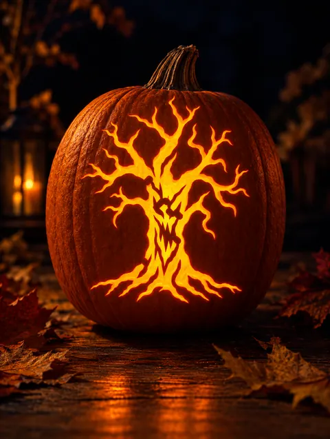 Spooky Tree design carved into a pumpkin and lit with a candle