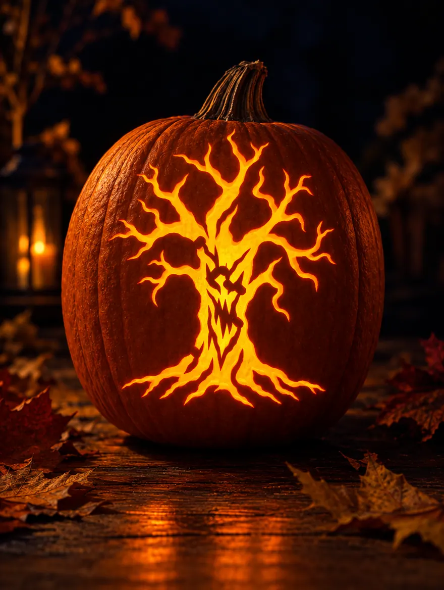 Spooky Tree design carved into a pumpkin and glowing with candlelight