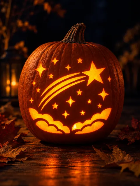 Starry Night design carved into a pumpkin and lit with a candle