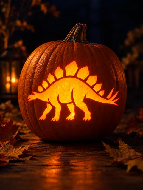 Stegosaurus design carved into a pumpkin and lit with a candle