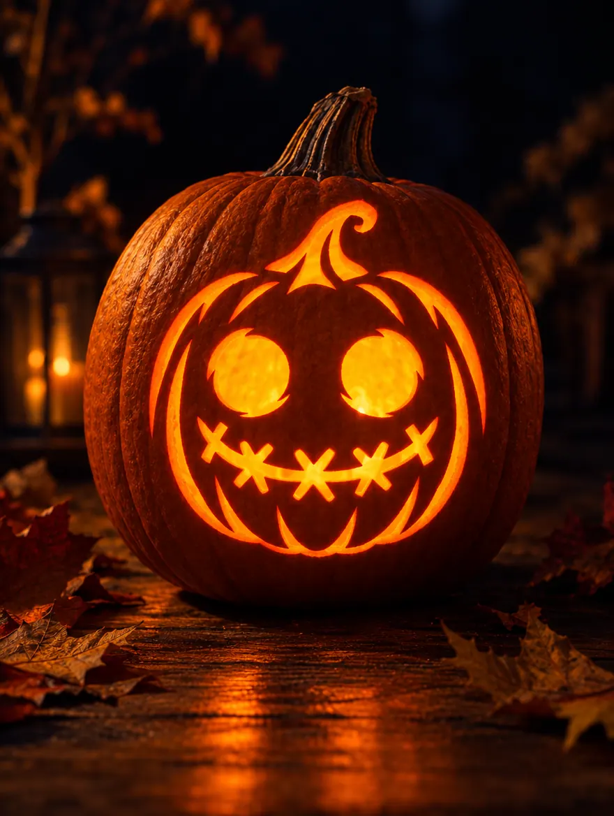 Stitched Mouth Face design carved into a pumpkin and glowing with candlelight
