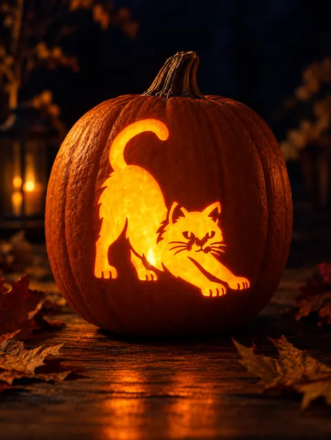 Stretching Cat design carved into a pumpkin and lit with a candle