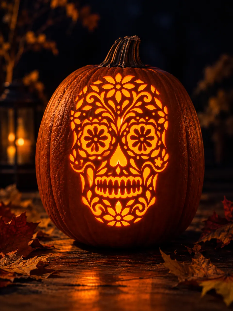 Sugar Skull design carved into a pumpkin and glowing with candlelight