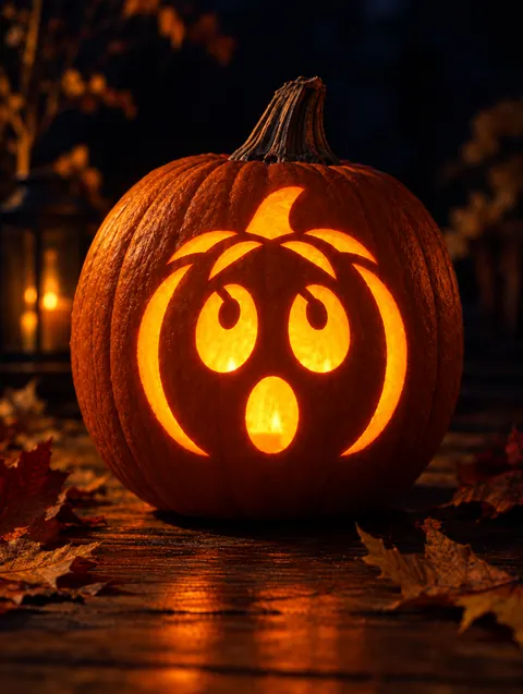 Surprised Pumpkin Face design carved into a pumpkin and lit with a candle