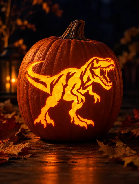 T-Rex design carved into a pumpkin and lit with a candle