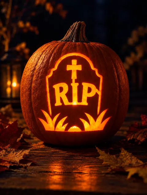 RIP Tombstone design carved into a pumpkin and lit with a candle