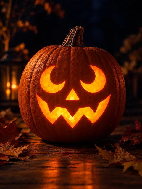 Toothy Grin Face design carved into a pumpkin and lit with a candle
