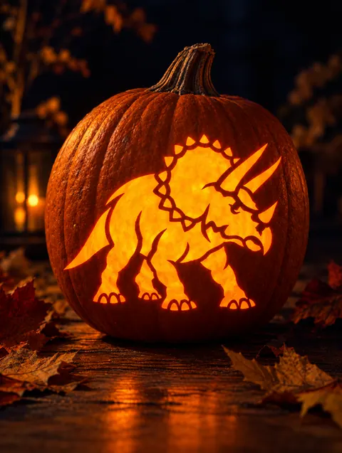Triceratops design carved into a pumpkin and lit with a candle