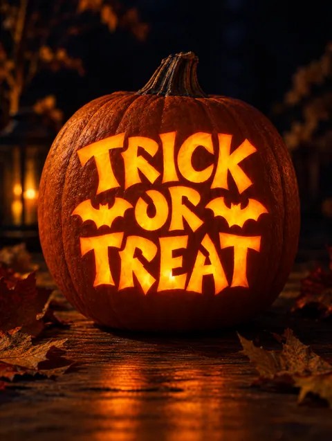 Trick or Treat design carved into a pumpkin and lit with a candle