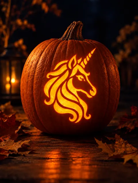 Unicorn Head design carved into a pumpkin and lit with a candle