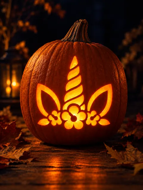 Unicorn Horn design carved into a pumpkin and lit with a candle