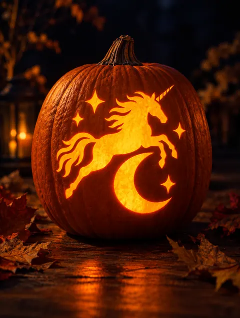 Unicorn and Moon design carved into a pumpkin and lit with a candle