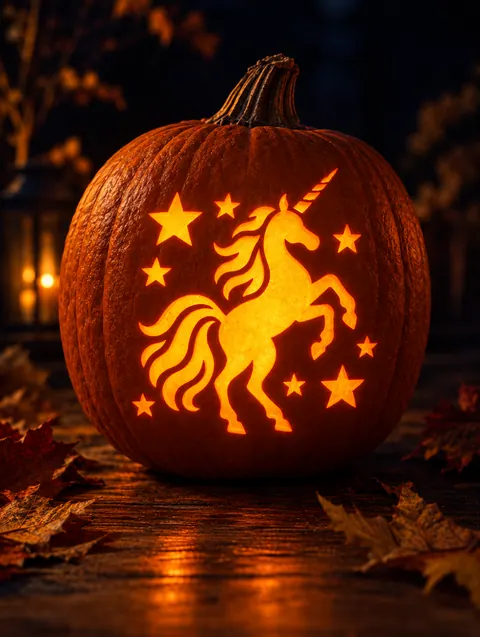 Unicorn and Stars design carved into a pumpkin and lit with a candle