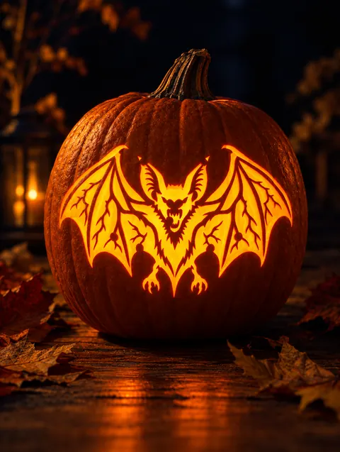 Vampire Bat design carved into a pumpkin and lit with a candle