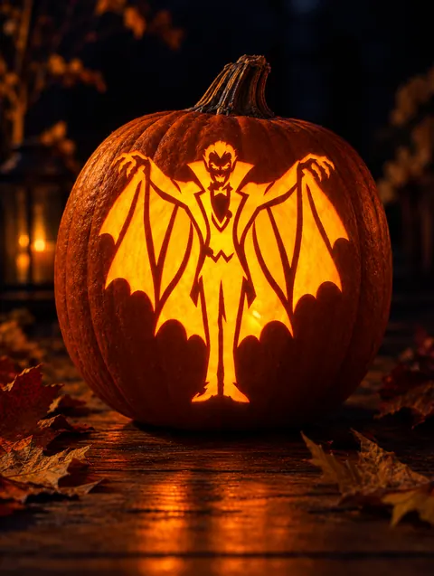Vampire with Cape design carved into a pumpkin and lit with a candle