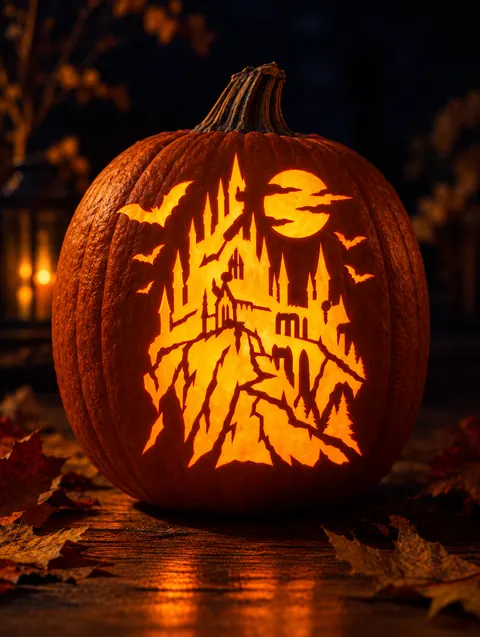 Vampire Castle design carved into a pumpkin and lit with a candle