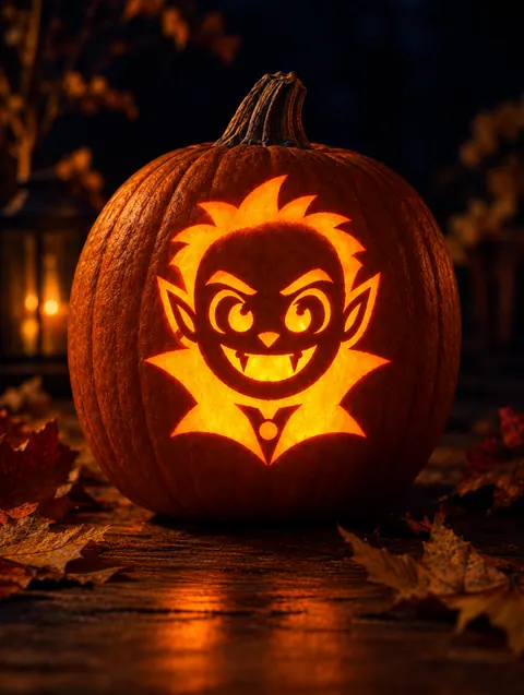 Vampire Face design carved into a pumpkin and lit with a candle