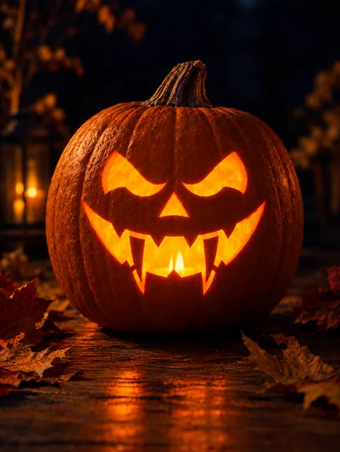 Fanged Pumpkin Face design carved into a pumpkin and lit with a candle