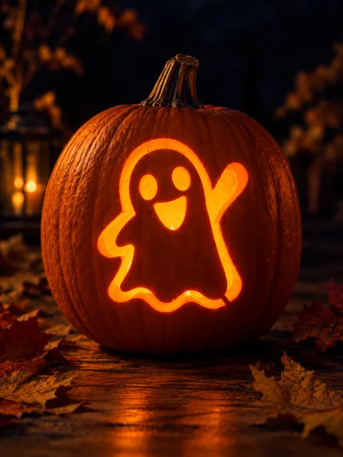 Waving Ghost design carved into a pumpkin and lit with a candle