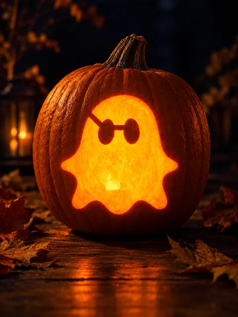 Wavy Ghost design carved into a pumpkin and lit with a candle