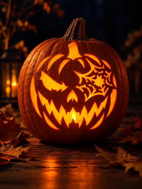Spider Web Face design carved into a pumpkin and lit with a candle
