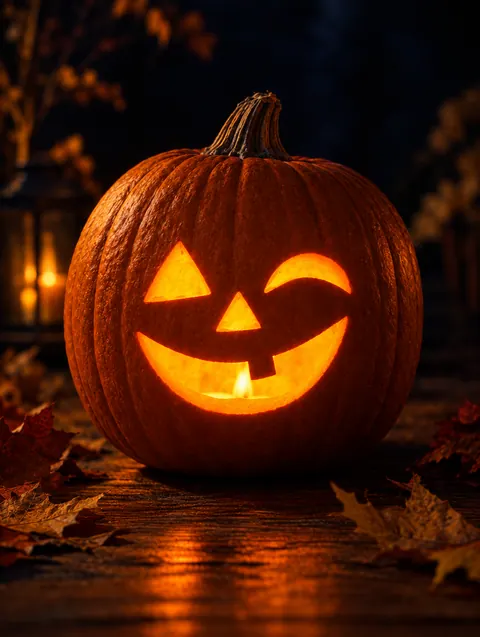 Winking Pumpkin Face design carved into a pumpkin and lit with a candle