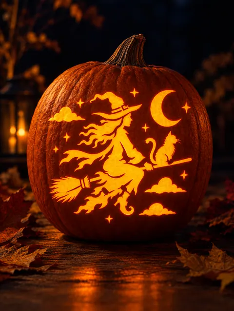 Witch and cat on a broom carved pumpkin