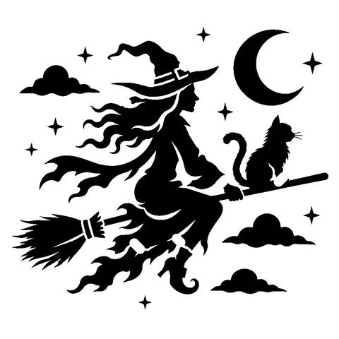 Witch and Cat pumpkin stencil, free printable witch carving template