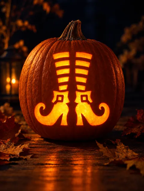 Witch Boots design carved into a pumpkin and lit with a candle