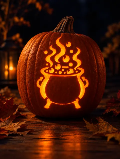 Witch Cauldron design carved into a pumpkin and lit with a candle