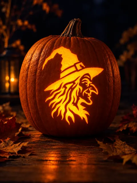 Witch Face design carved into a pumpkin and lit with a candle