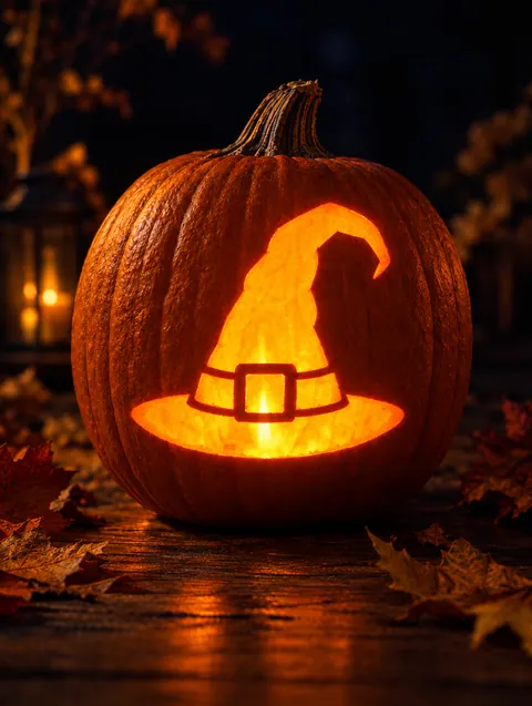 Witch hat carved pumpkin